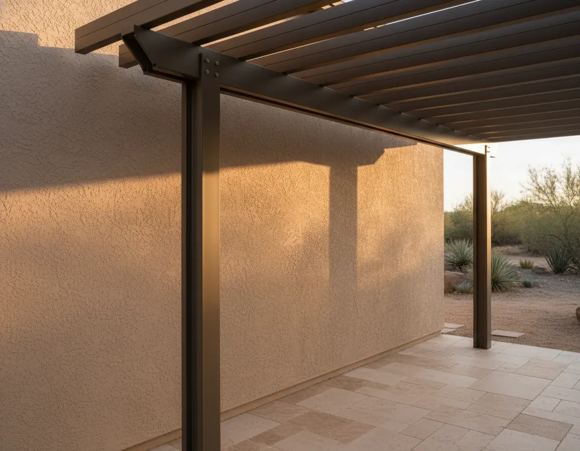 Attached pergola creating a covered patio off a desert home