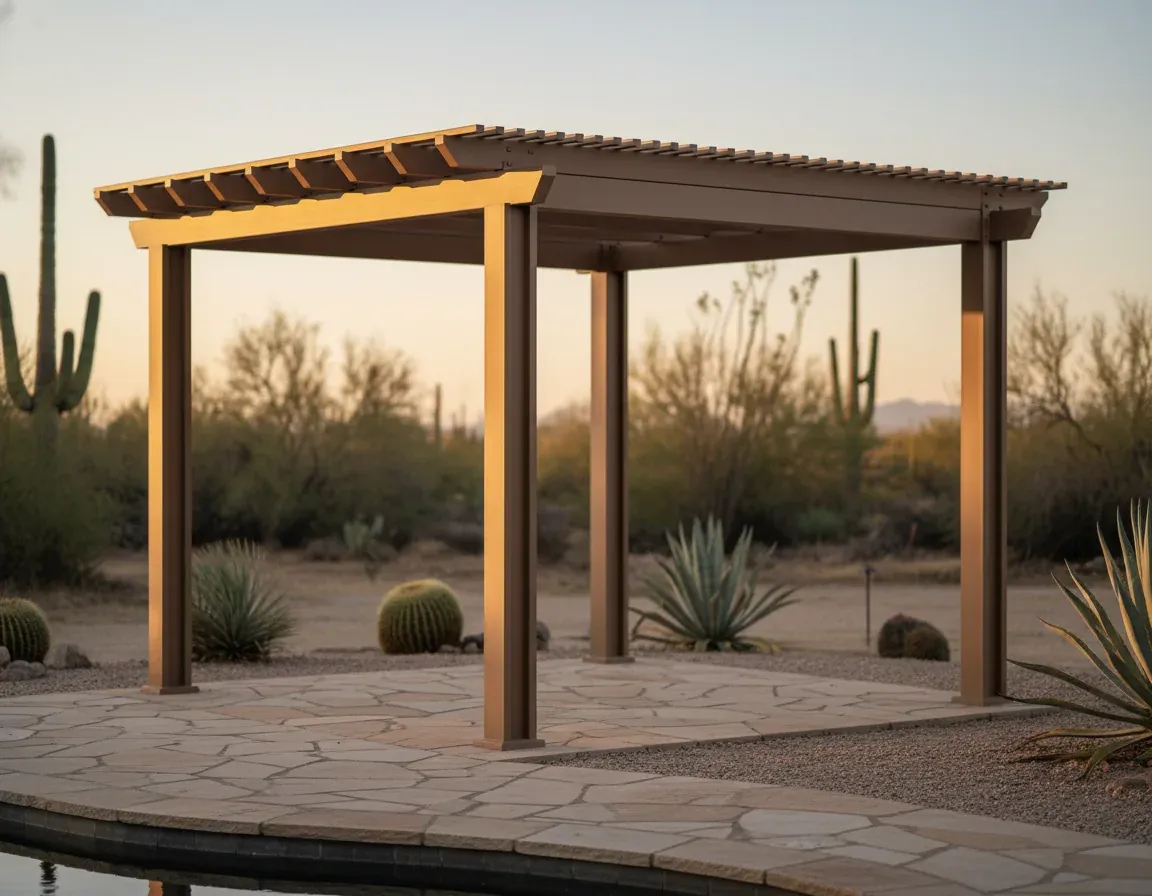 Freestanding pergola anchoring a poolside seating area