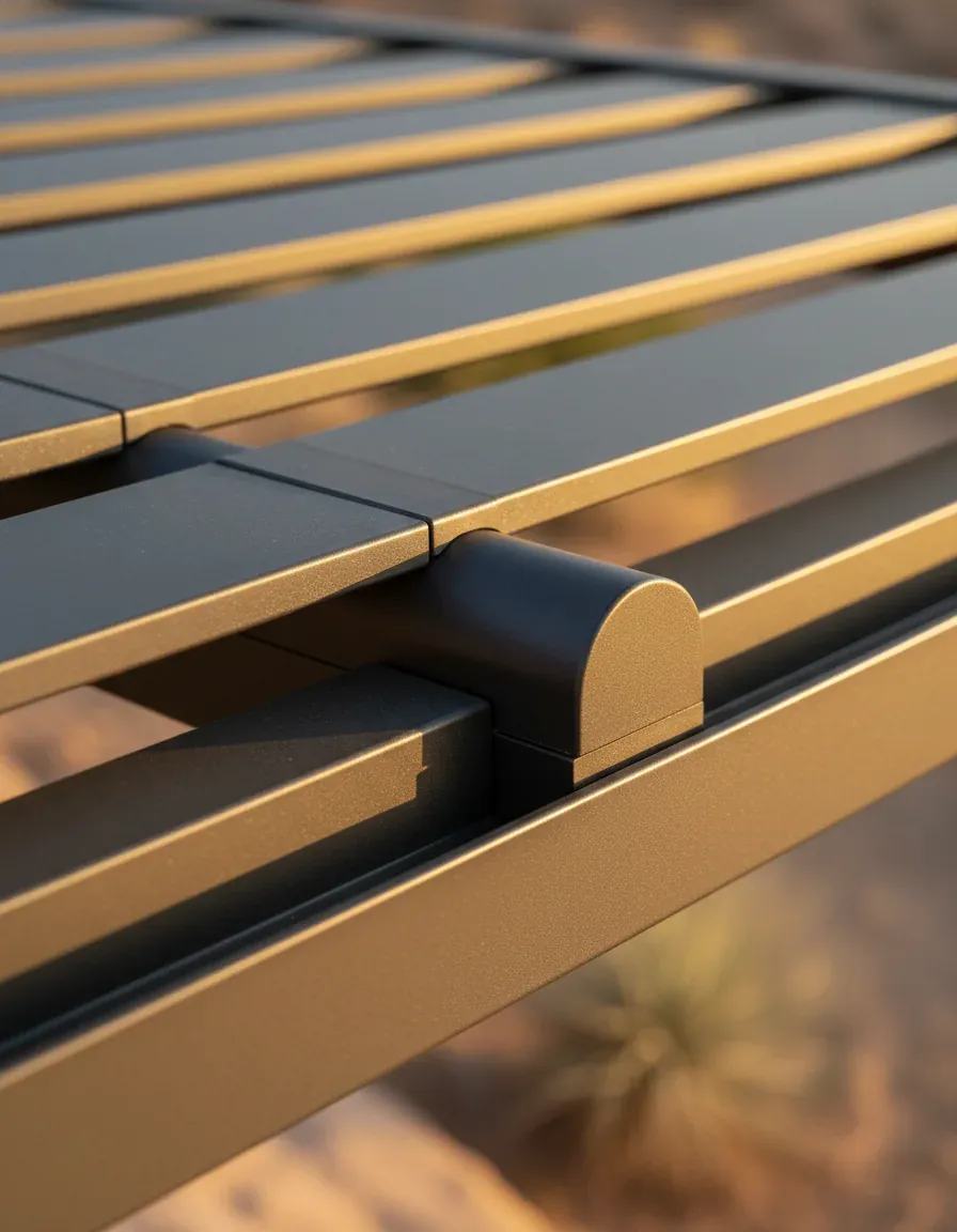 Detail of structural aluminum louvered pergola frame and powder-coated finish