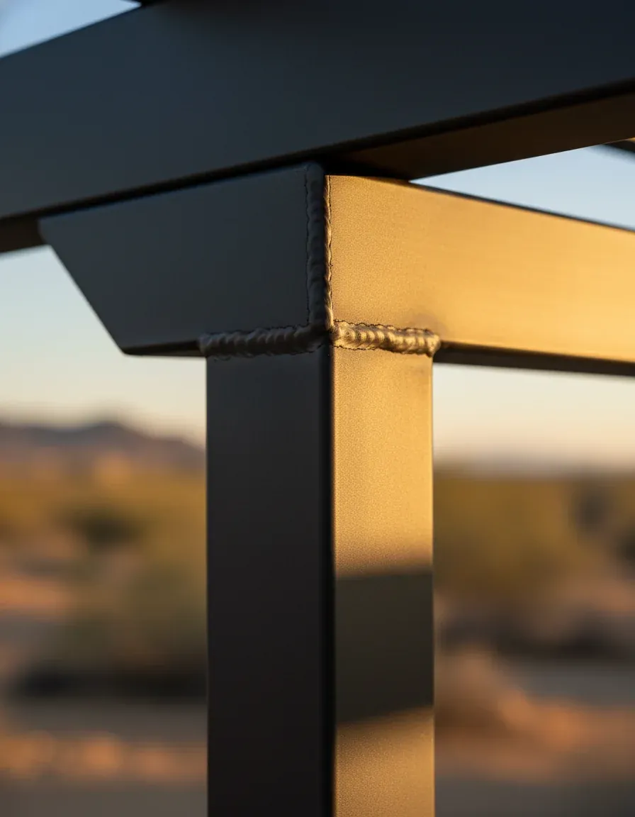Detail of continuous TIG-welded joint on a structural steel pergola