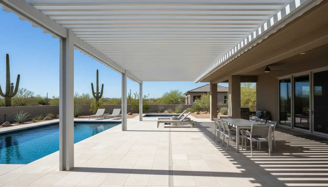 Powder-coated aluminum pergola in a Tucson backyard at golden hour