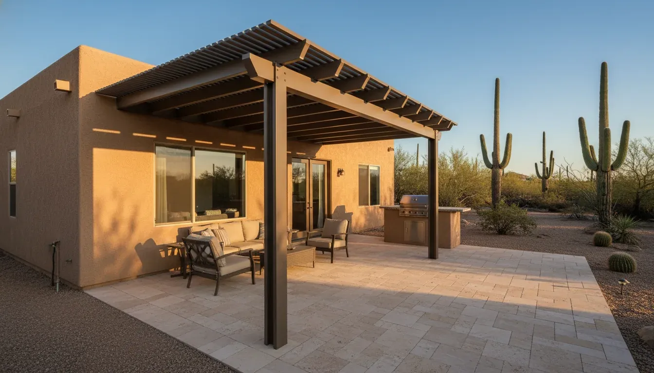 Attached pergola showing seamless integration with the home's eave line