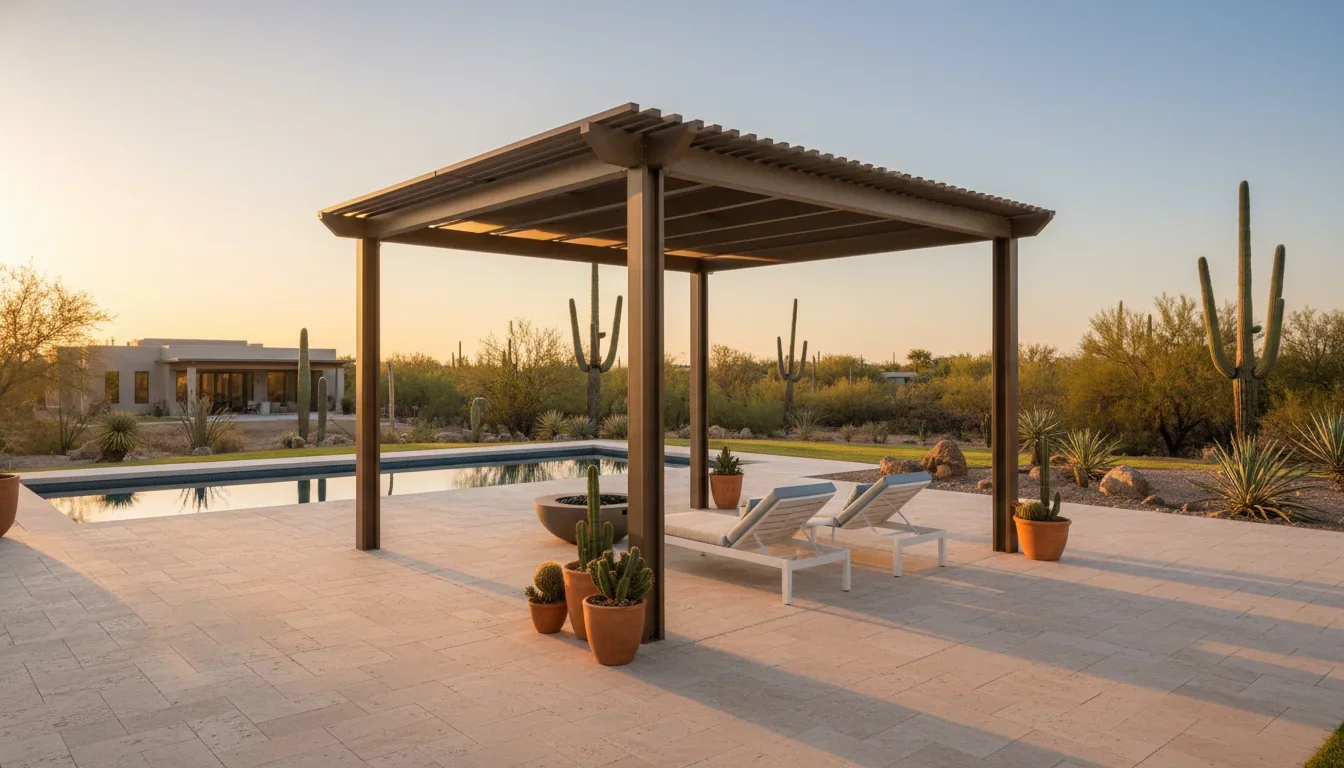 Aluminum pergola framing Pusch Ridge views from an Oro Valley patio