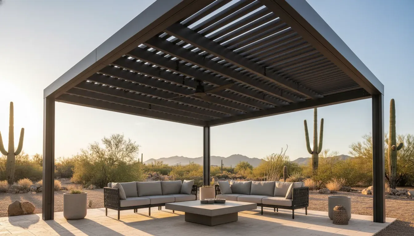 Custom louvered pergola at golden hour over a Tucson outdoor living area