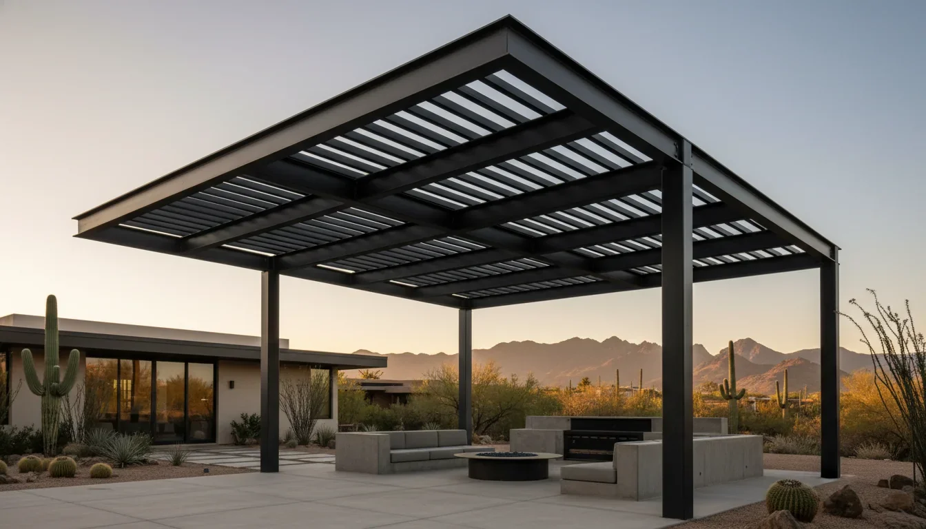 Slim-profile welded steel pergola spanning a modern Tucson patio