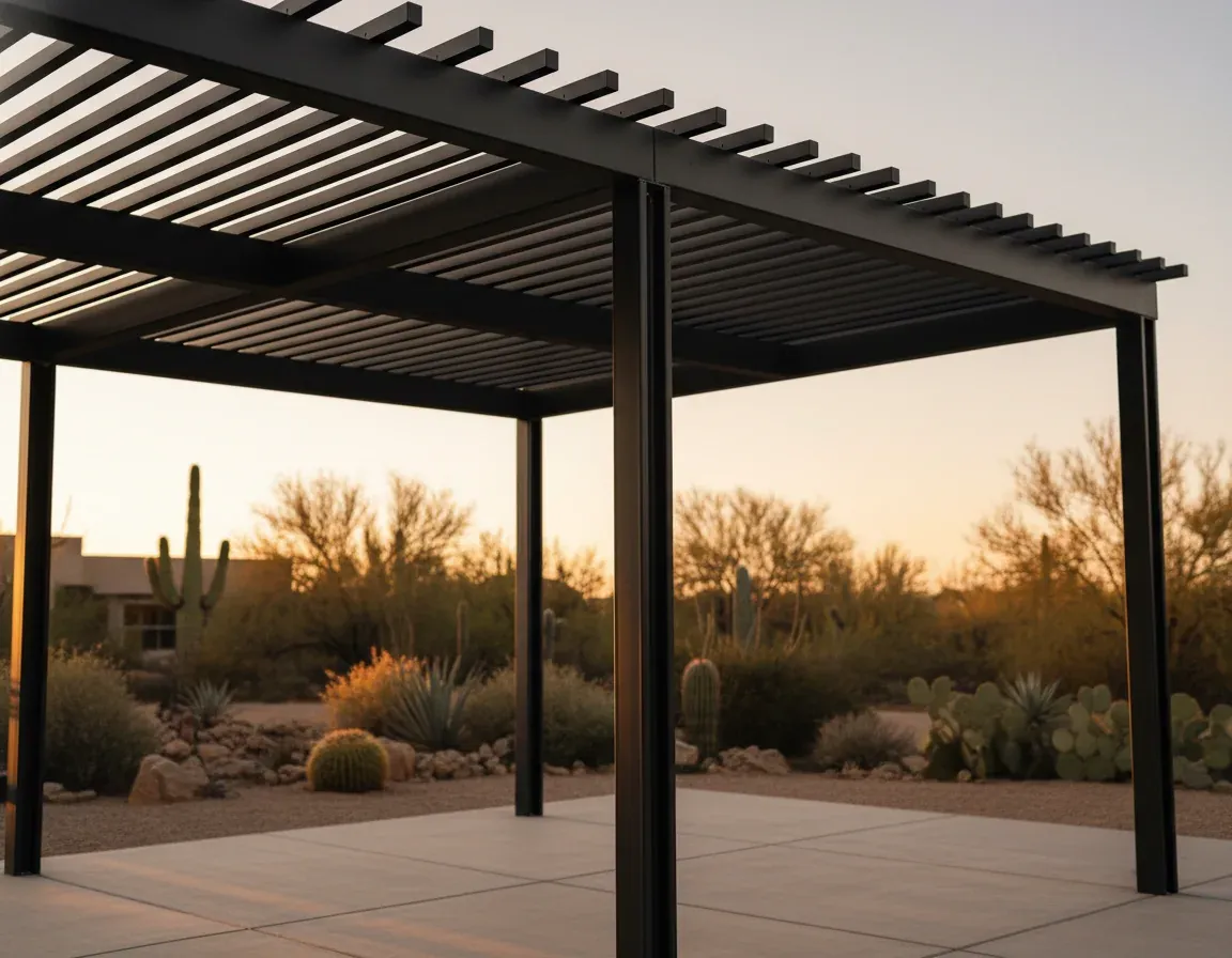 Black steel pergola with slim profile over a modern deck